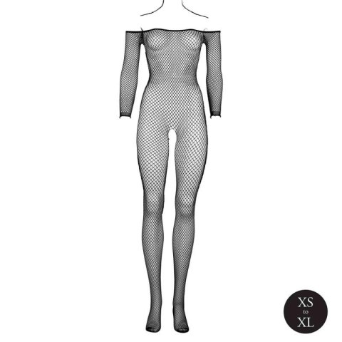 Bodystocking with off shoulder neckline, fishnet structure and open crotch.